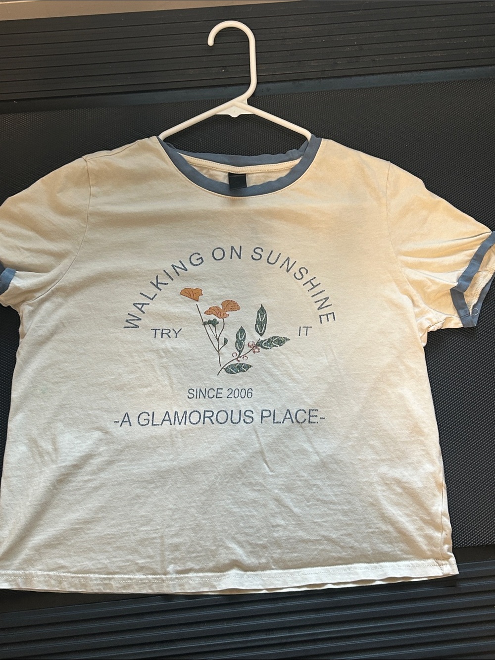 Walking On Sunshine Floral Ringer Tee - Cream/Blue